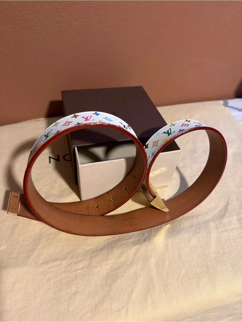 Louis Vuitton White Multicolor Monogram Leather Belt with Gold Buckle